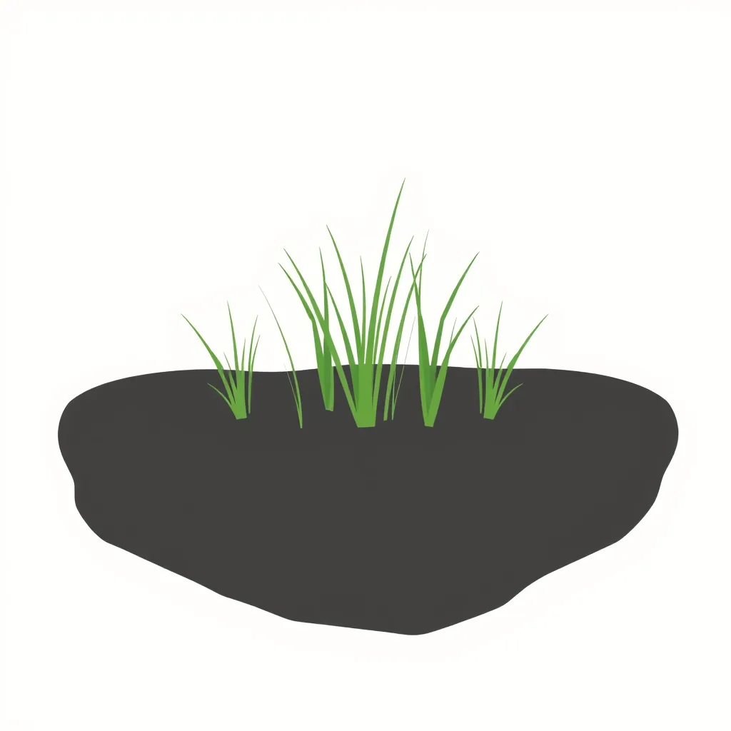 Decorative illustration of short grass blades rising from a low mound of dark soil