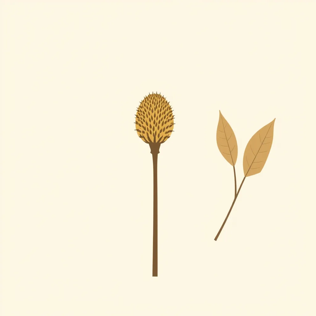 A decorative illustration of a slender seed head and two dried leaves on bare stems.