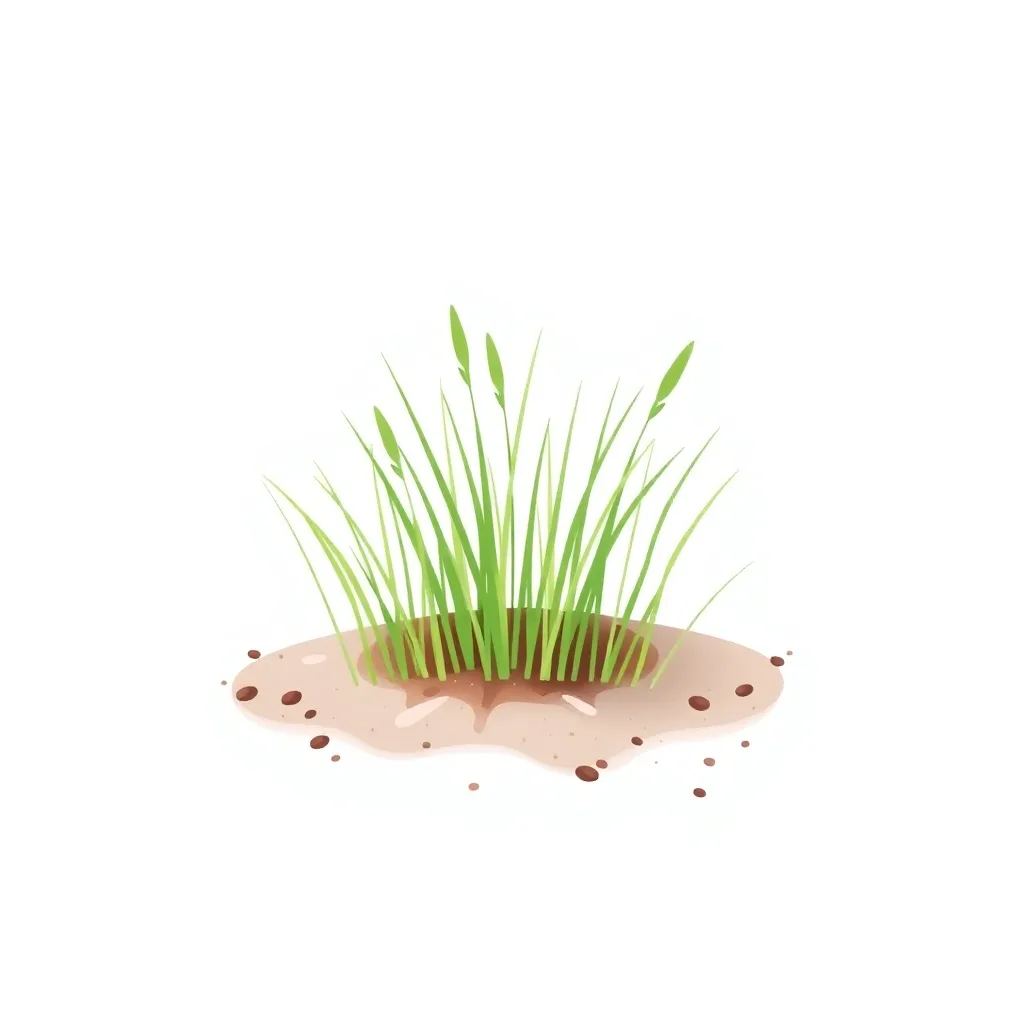 Decorative illustration of fine grass seedlings rising from bare soil with scattered seed