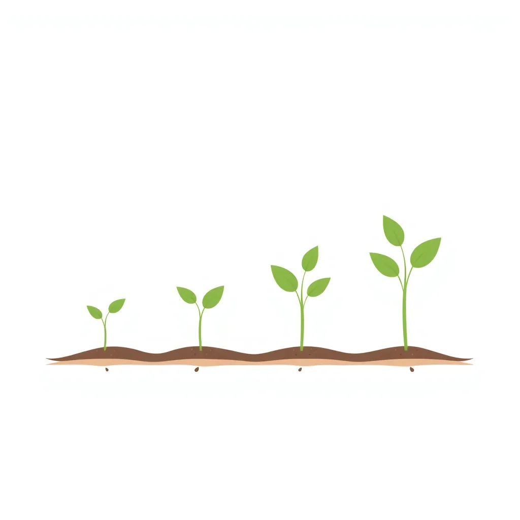 Flat illustration of four small seedlings of increasing size in a row on bare soil