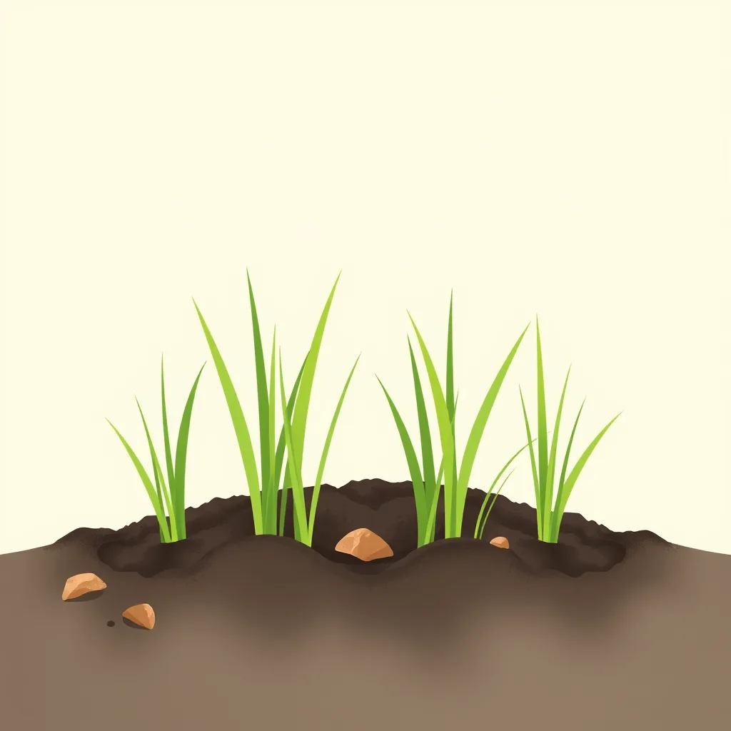 Decorative illustration of young grass seedlings emerging from dark bare soil