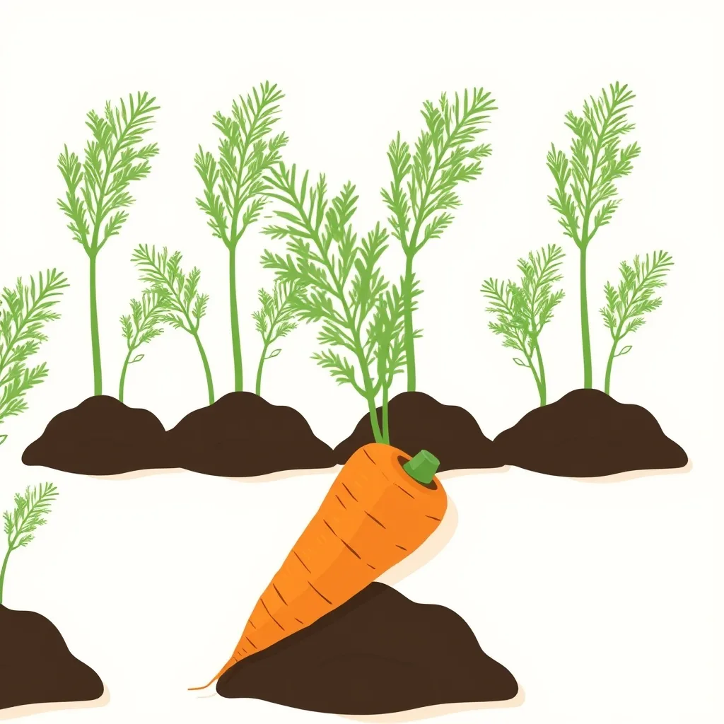 Decorative illustration of carrot plants with feathery tops at differing heights, one root lifted from the soil