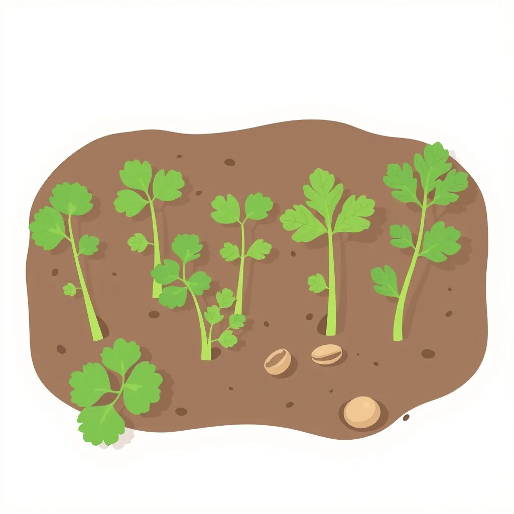 Decorative illustration of young cilantro seedlings in dark soil with a few round ridged seeds on the surface