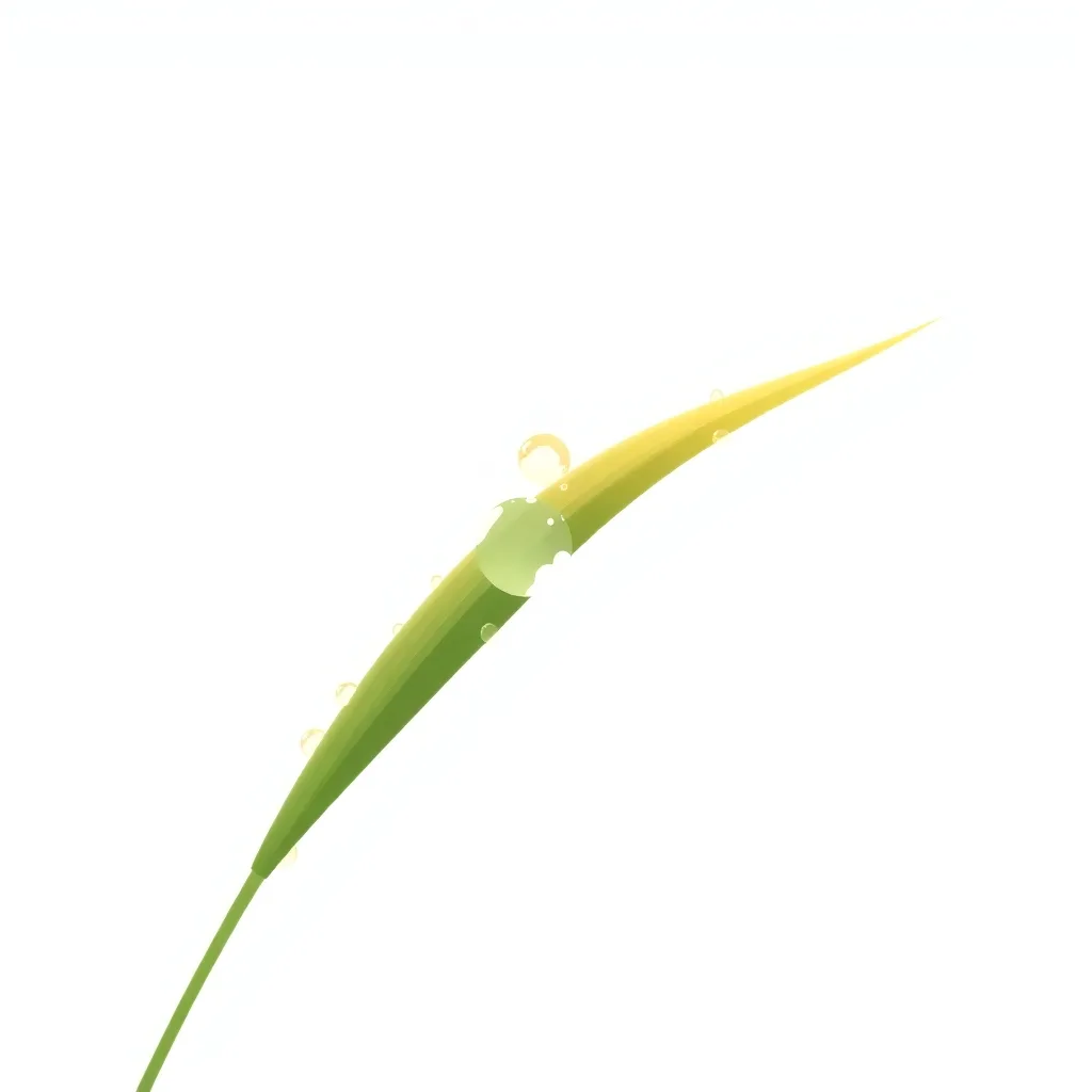 Decorative illustration of a single arching grass blade carrying dew drops against a pale background