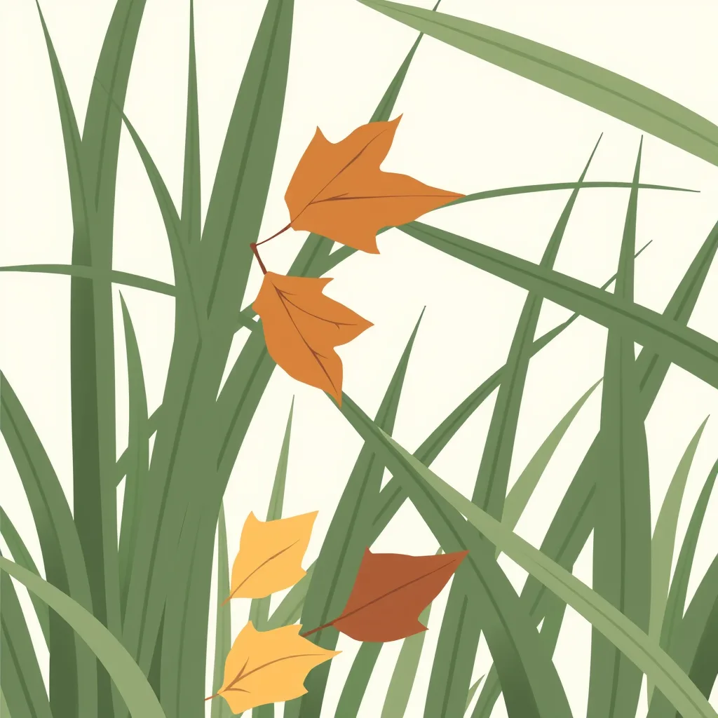 Decorative illustration of green grass blades with a few fallen autumn leaves caught among them