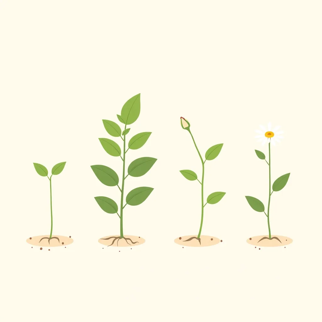Decorative illustration of one plant drawn at four points of its life, sprout then leafy then budded then flowering