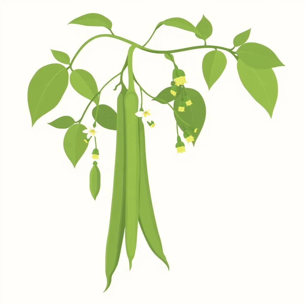 Decorative illustration of a bean stem carrying pods at several sizes alongside open flowers and one pod just forming