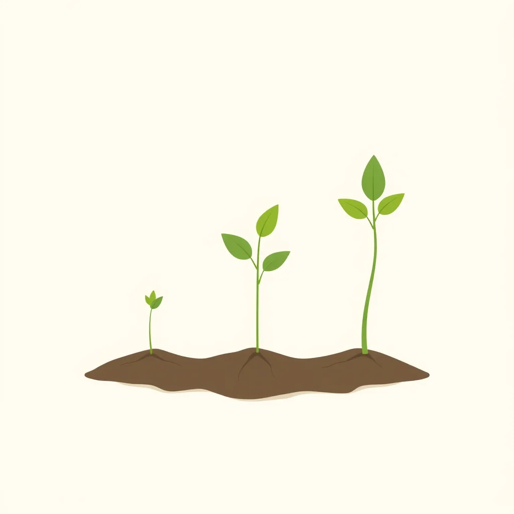 Flat illustration of three seedlings of increasing size in a row on bare soil, from first sprout to leafy stem