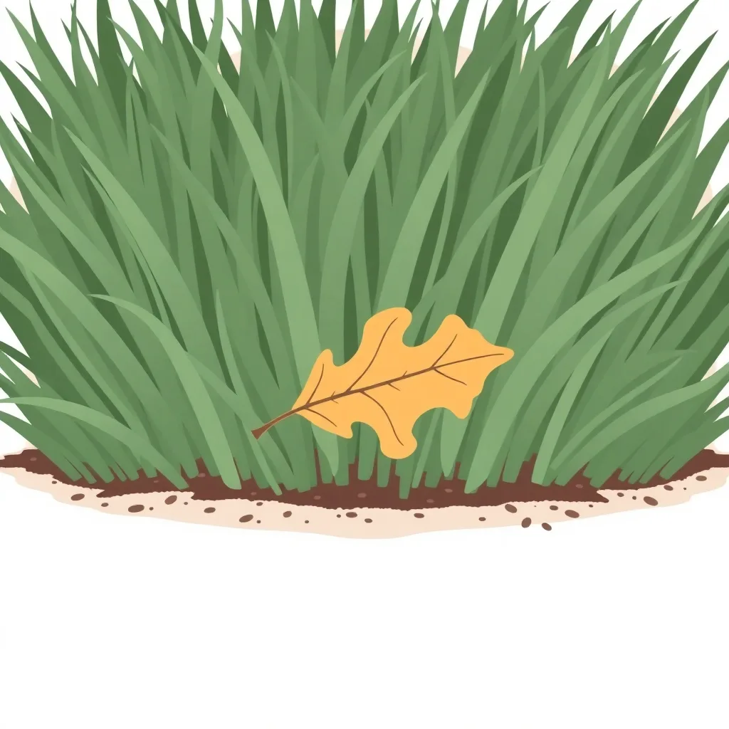 Flat illustration of a tuft of lawn grass blades with a fallen oak leaf resting at the base