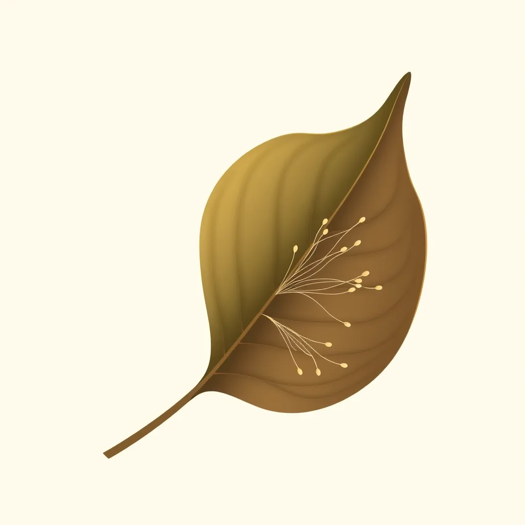 Decorative illustration of a single curled autumn leaf traced with fine pale filaments