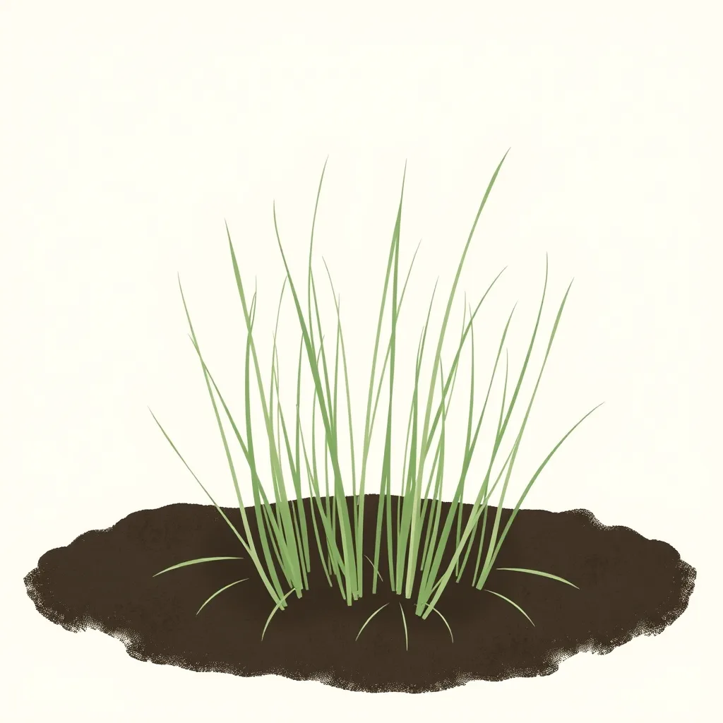 Decorative illustration of fine grass blades emerging from dark soil