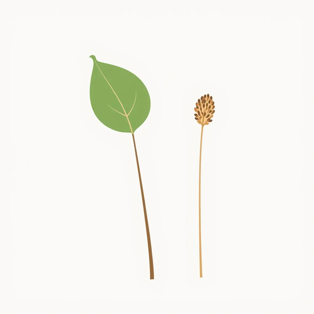 Decorative illustration of a broad leaf with a curled tip beside a slender bare seed head