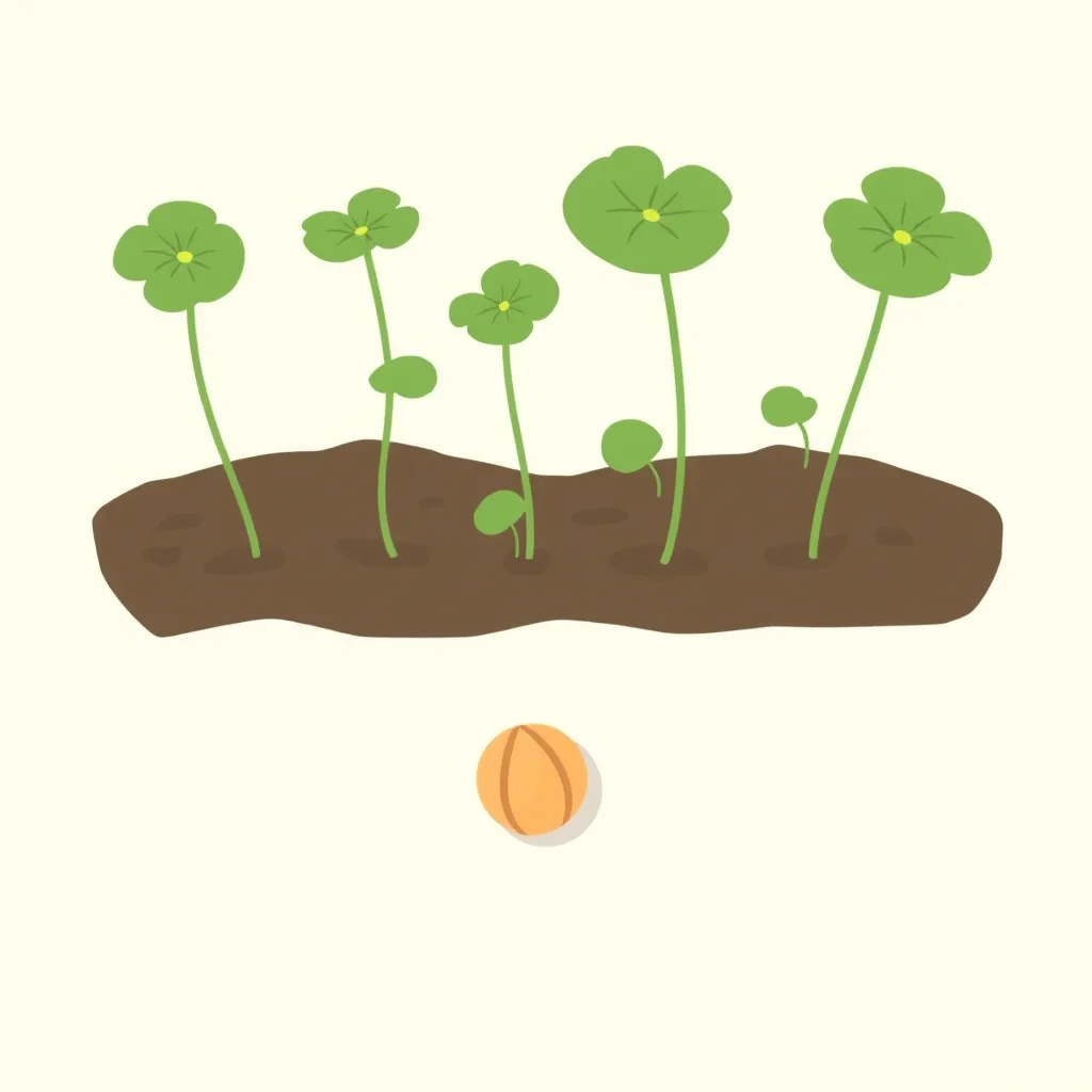 Decorative illustration of young nasturtium seedlings emerging from soil on slender stems with round shield-shaped leaves, one seed beside them