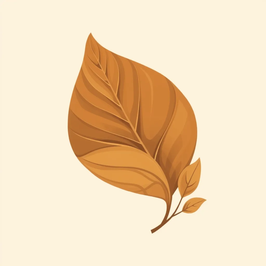 Decorative illustration of a large dry ochre leaf folded over on itself above two smaller leaves