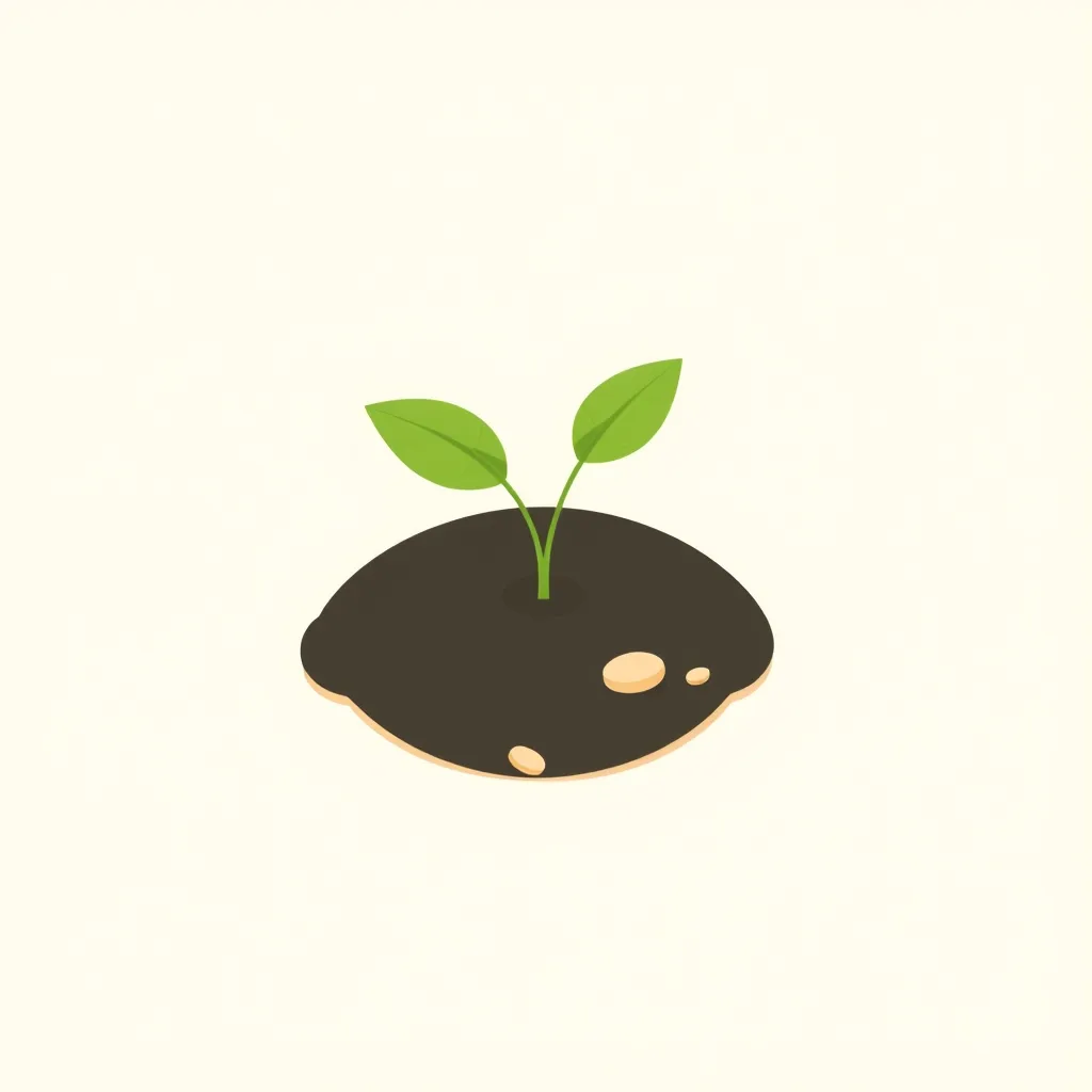 Flat illustration of a young seedling sprouting from dark soil with a few seeds