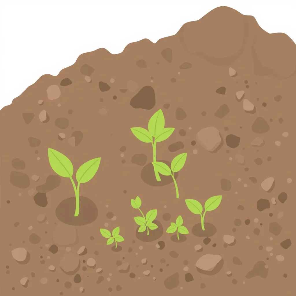 Decorative illustration of several small seedlings at differing sizes in bare crumbly soil, none yet flowering