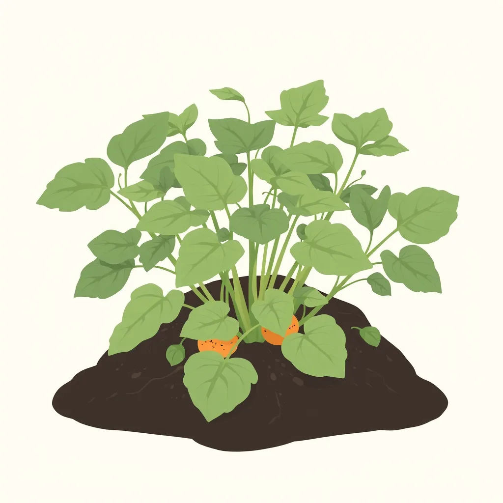 Decorative illustration of a leafy potato plant growing from a mounded row of dark soil