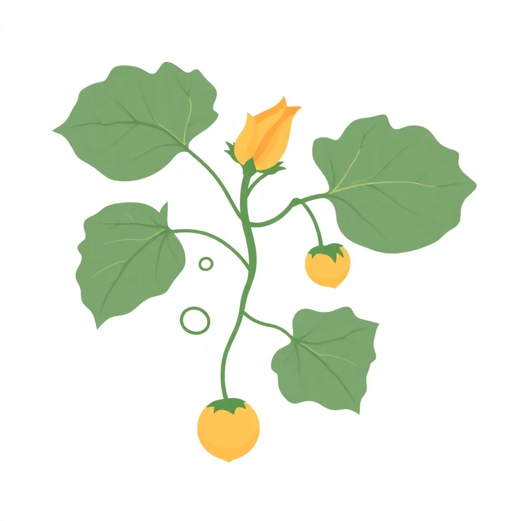 Decorative illustration of a pumpkin vine with lobed leaves, one open blossom and two small round fruit forming along the stem
