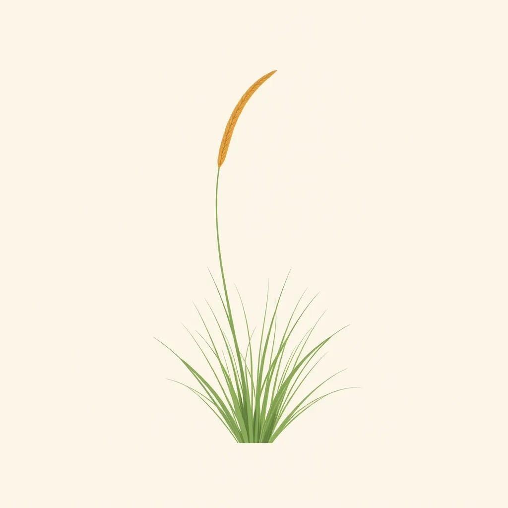 Decorative illustration of a slender arching grass seed head above a tuft of fine blades.