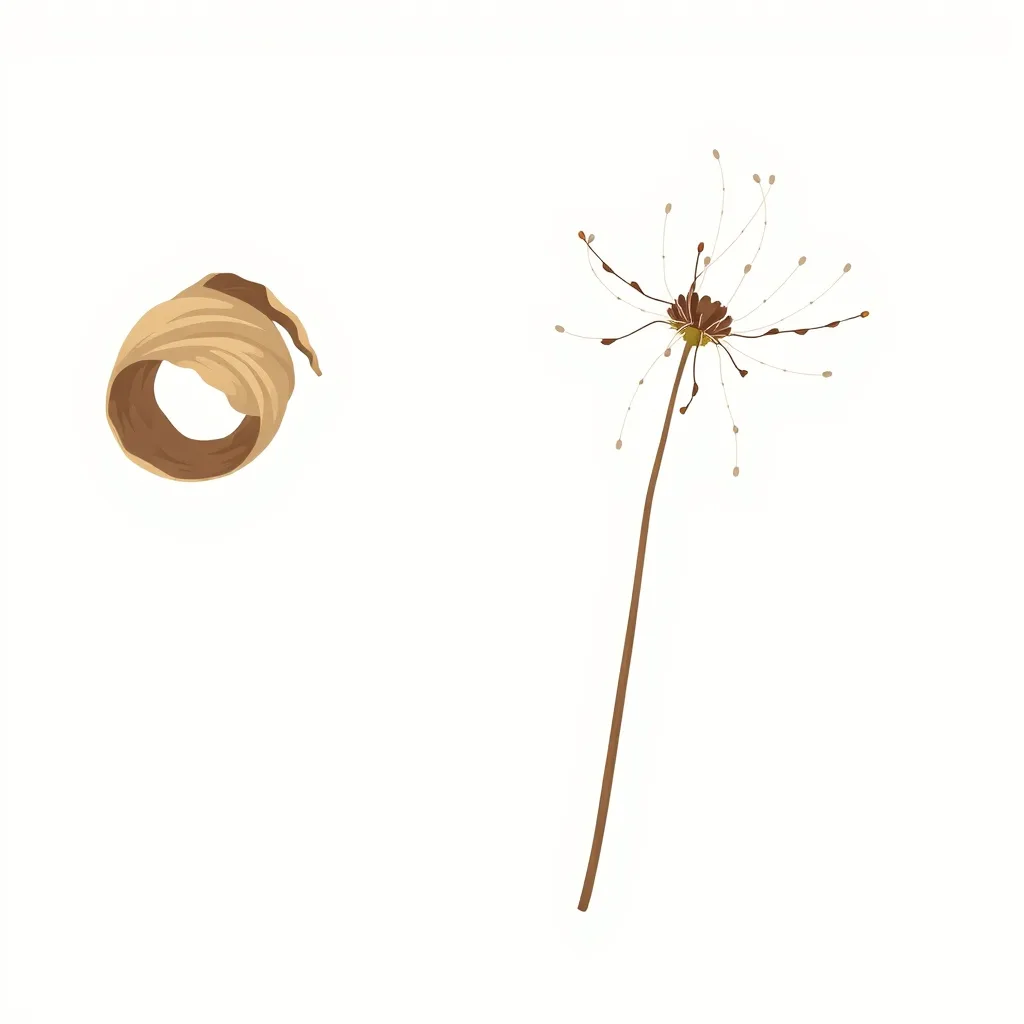 Decorative illustration of a curled dry leaf beside a slender bare seed head