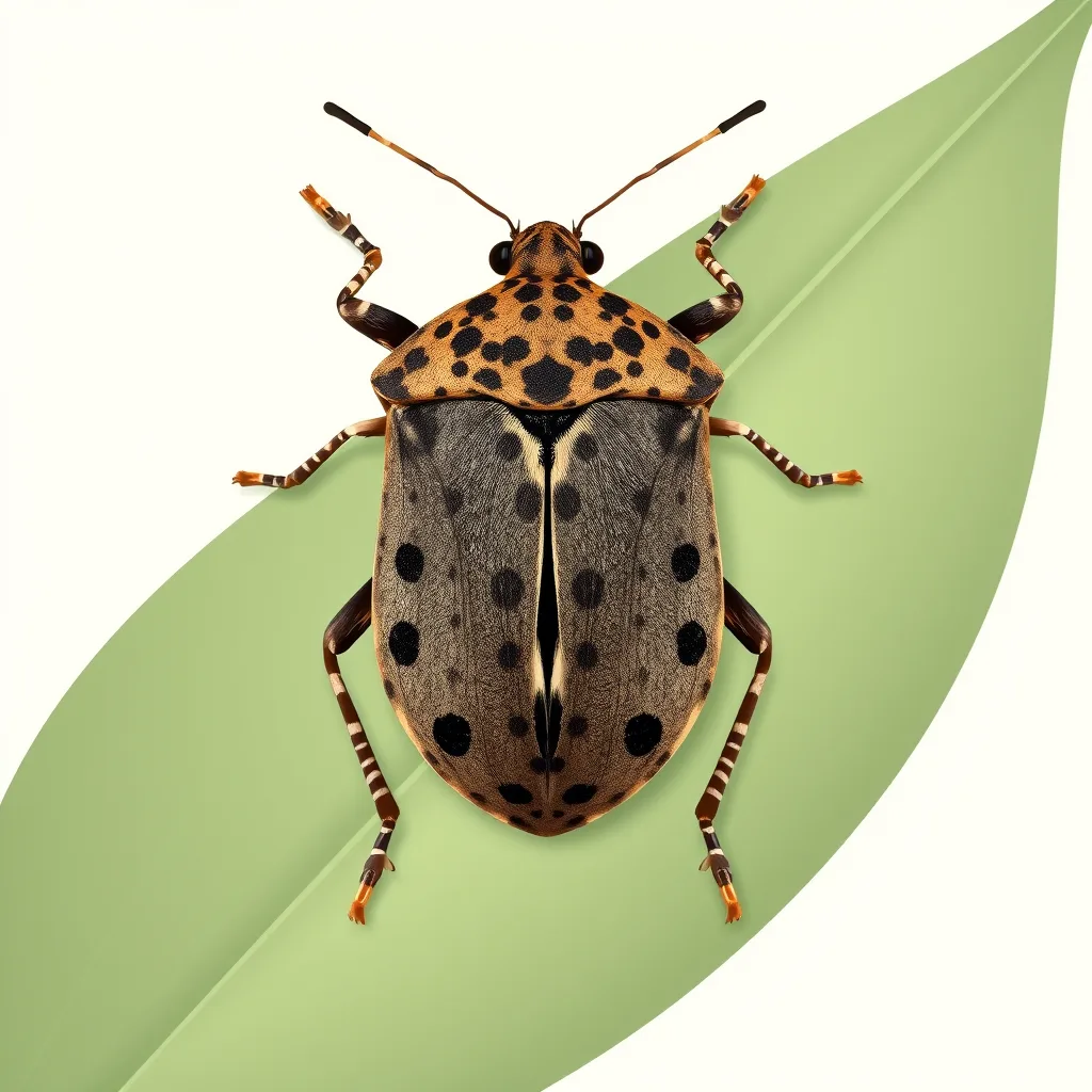 Decorative illustration of a shield-shaped stink bug seen from above on a leaf, mottled brown back with banded antennae and legs