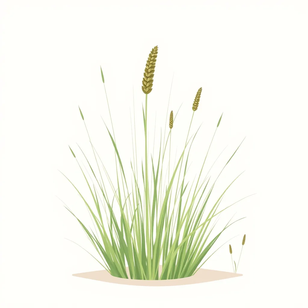 Decorative illustration of a tuft of fine upright grass blades carrying several slender seed heads