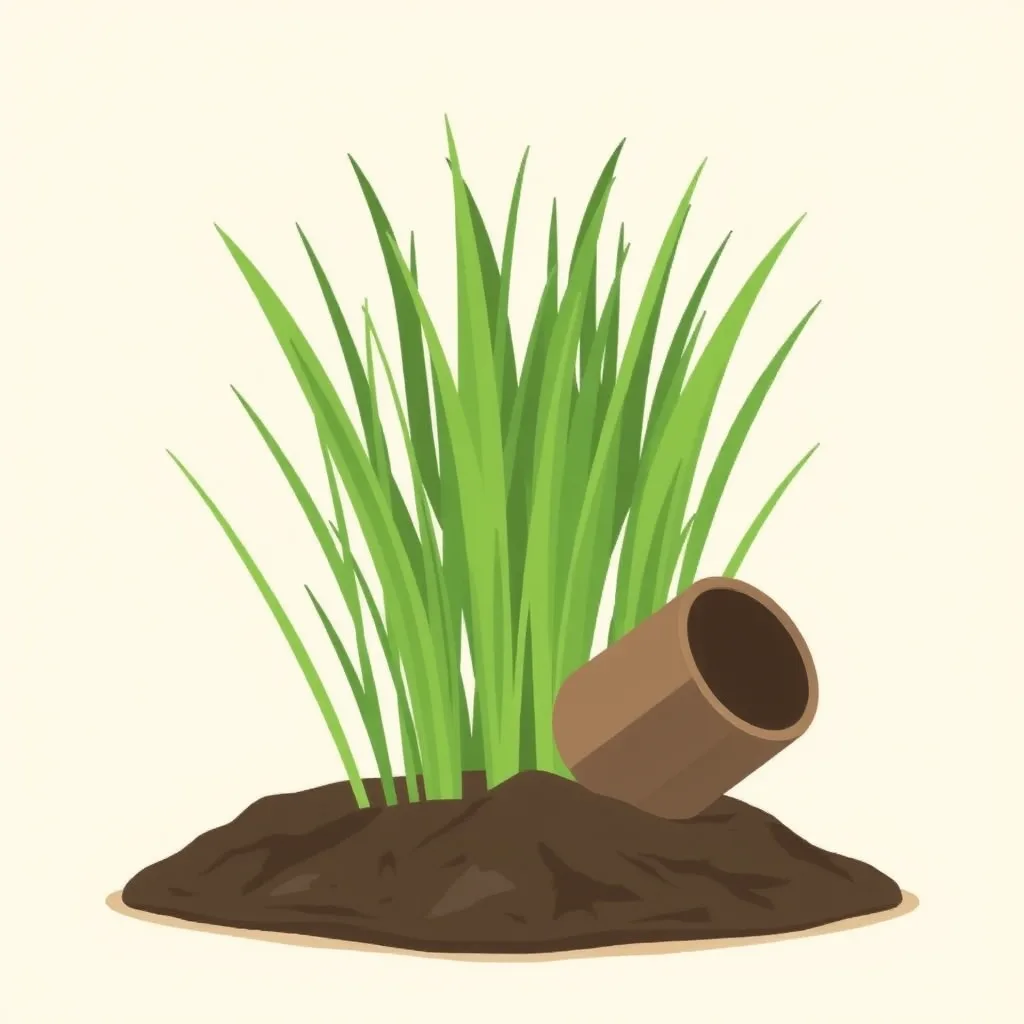 Decorative illustration of a clump of grass blades on a mound of dark soil with a hollow soil core lying beside it