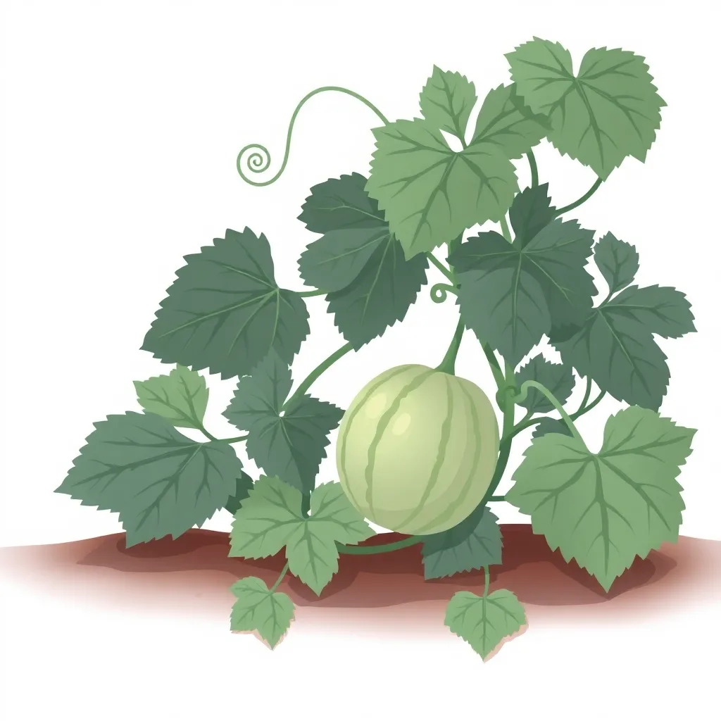Decorative illustration of a watermelon vine trailing on the ground, lobed leaves, a curling tendril, and one whole melon resting among the foliage