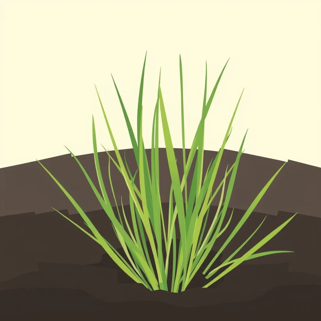 Decorative illustration of fine new grass blades rising from a mound of dark soil