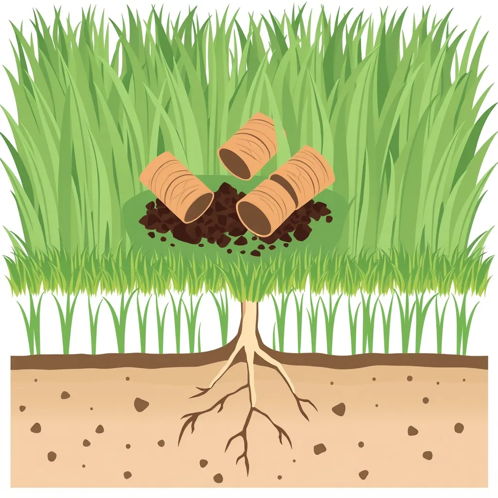 Flat illustration of lawn grass turf with several loose cylindrical soil cores on the surface
