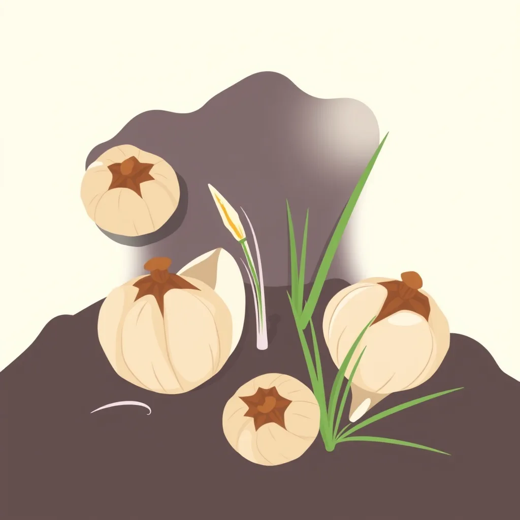 Decorative illustration of rounded crocus corms with papery tunics on dark soil, narrow grass-like leaves and one pale sprout beside them
