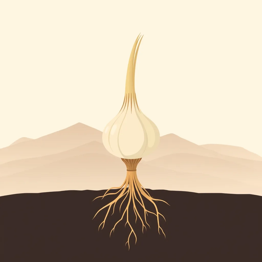 Decorative illustration of a garlic bulb with a green shoot above and roots reaching down into dark soil, low ridgelines behind