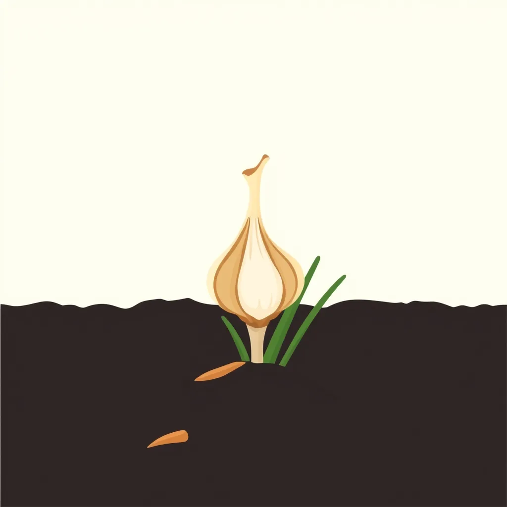 Decorative illustration of a garlic bulb set in dark autumn soil with green shoots emerging beside it