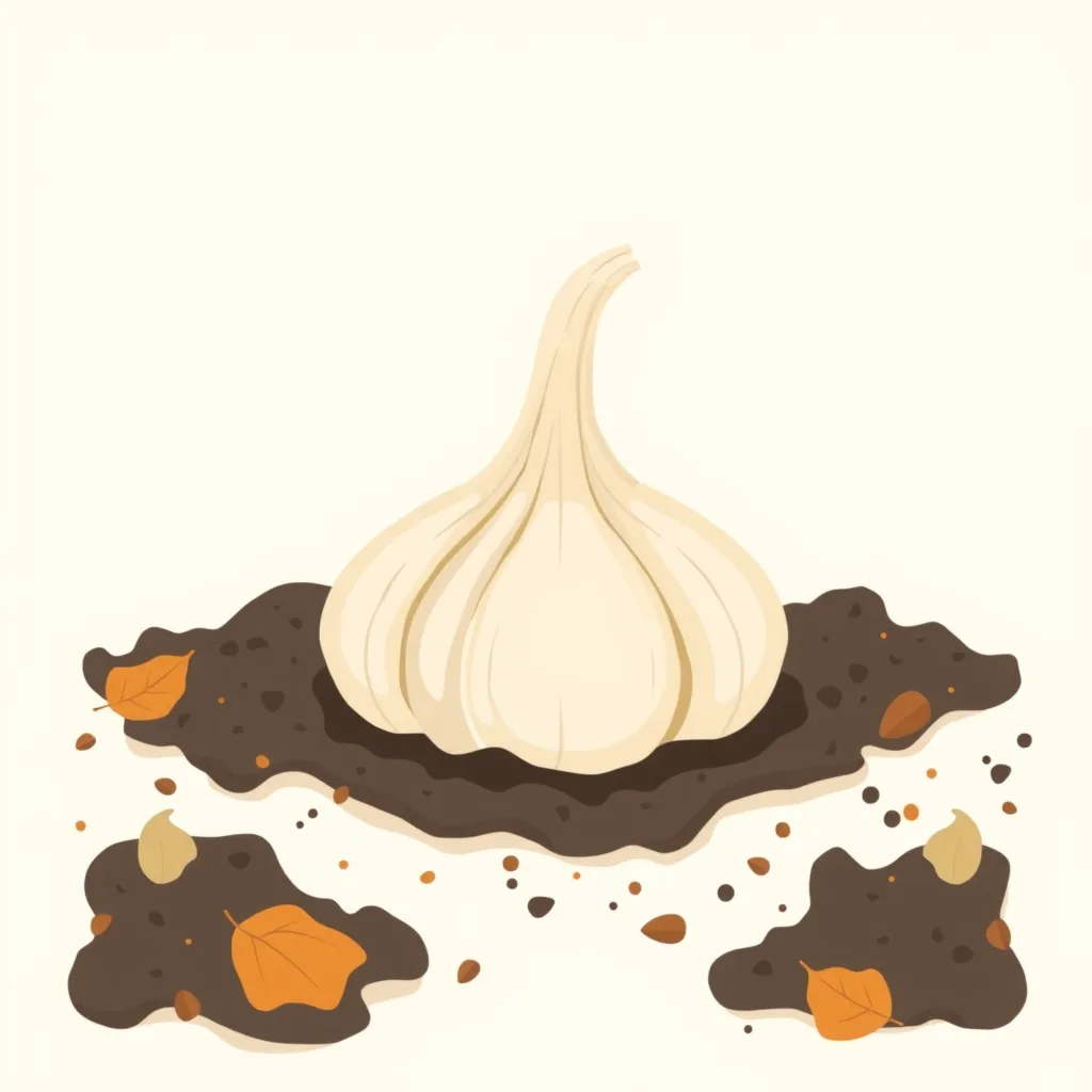 Decorative illustration of a single garlic clove set pointed end up in dark soil