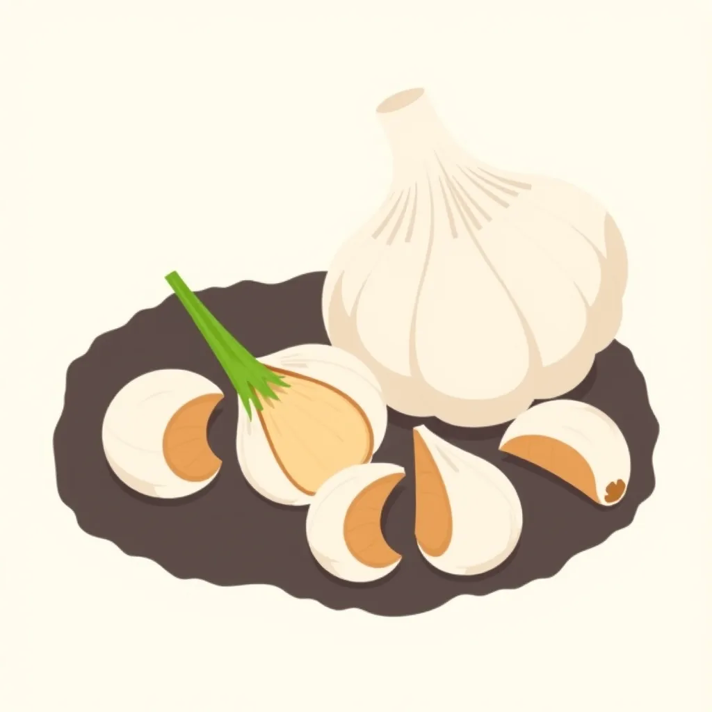 Flat illustration of a whole garlic bulb and separated cloves on dark soil, one clove sprouting