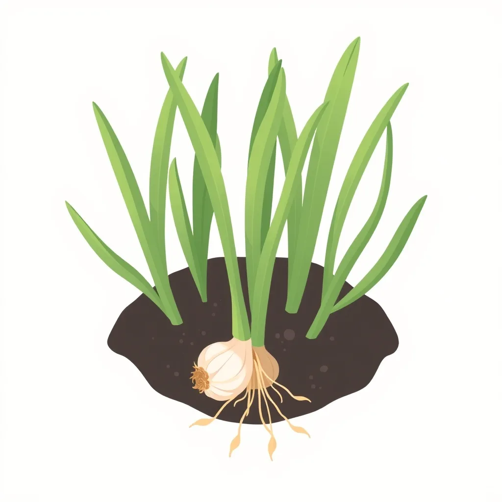 Decorative illustration of a garlic plant growing in dark soil, upright green strap leaves above a papery bulb with fine roots