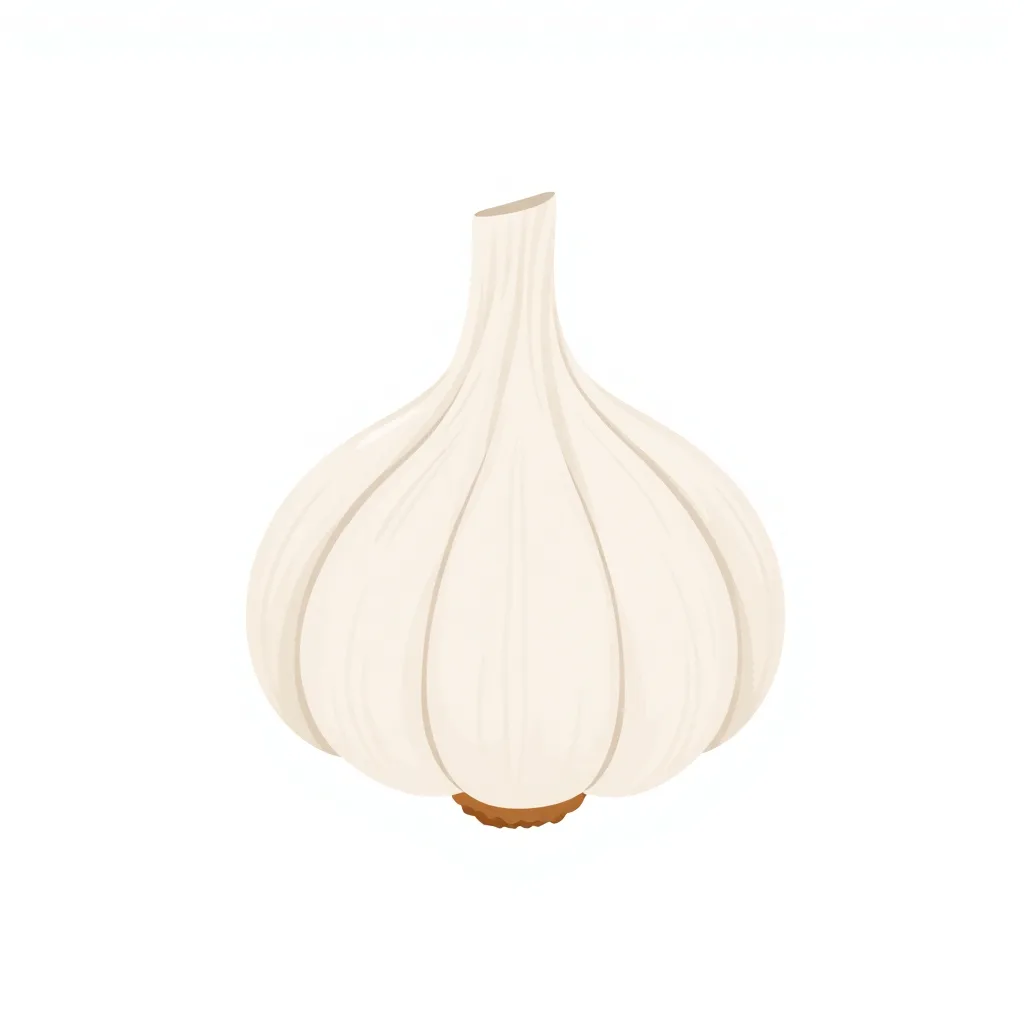 Flat illustration of a garlic bulb with papery skin and slender green shoots