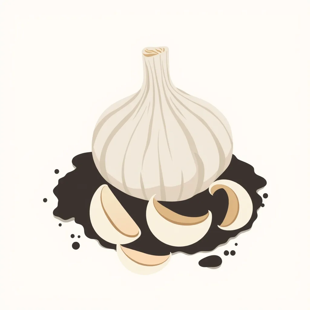 Decorative illustration of a garlic bulb with several separated cloves on dark soil
