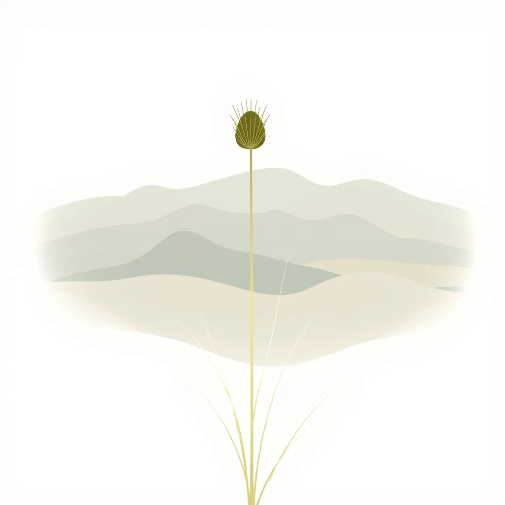 Decorative illustration of a single grass seed head on a tall stem against soft layered ridgelines
