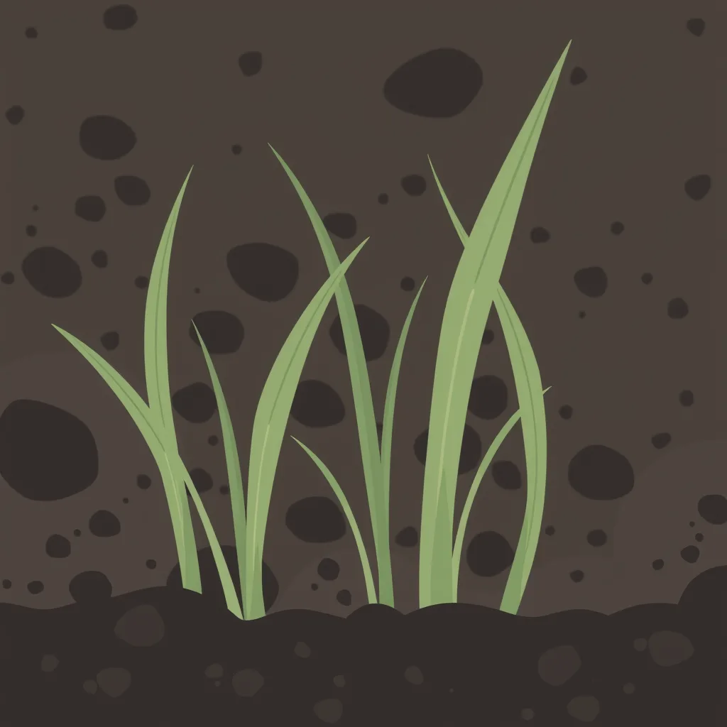 Decorative illustration of young grass seedlings emerging from dark soil