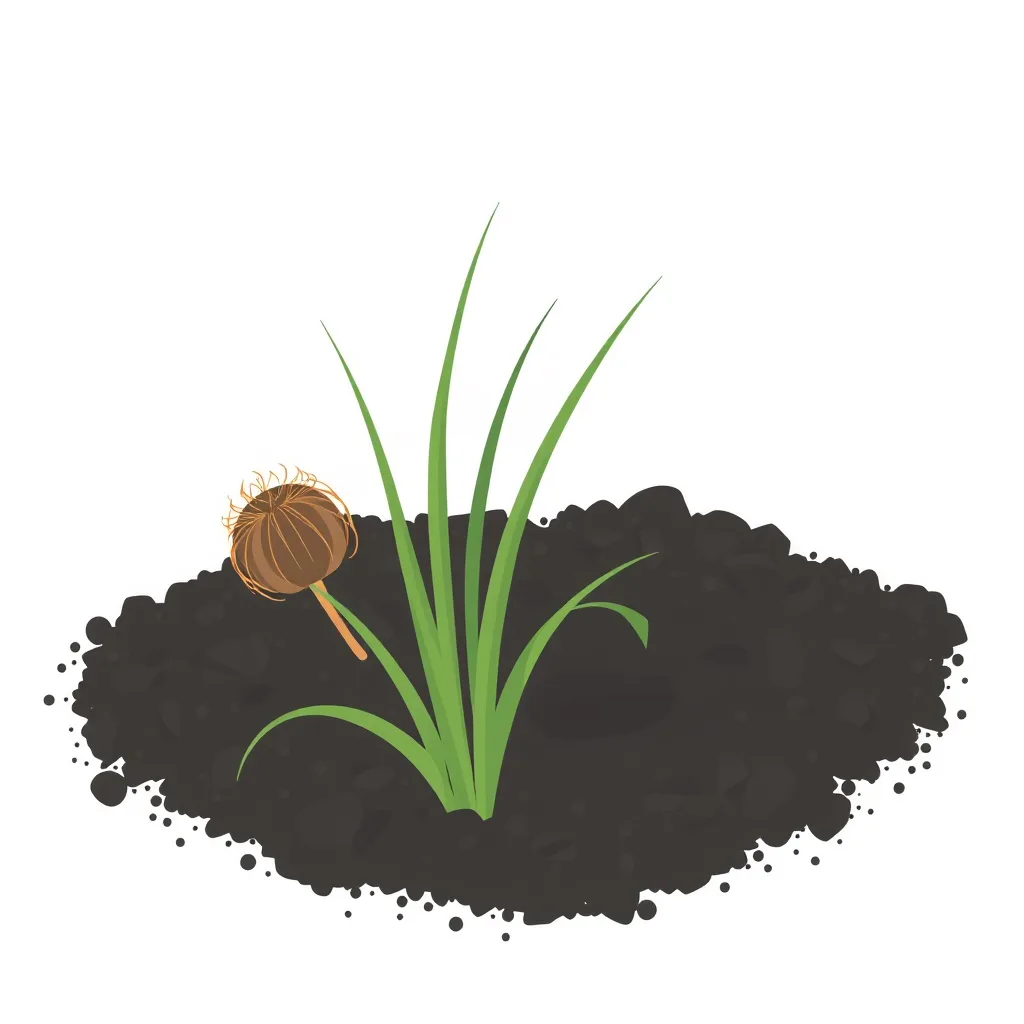 Decorative illustration of young grass shoots rising through dark soil beside a bare seed head