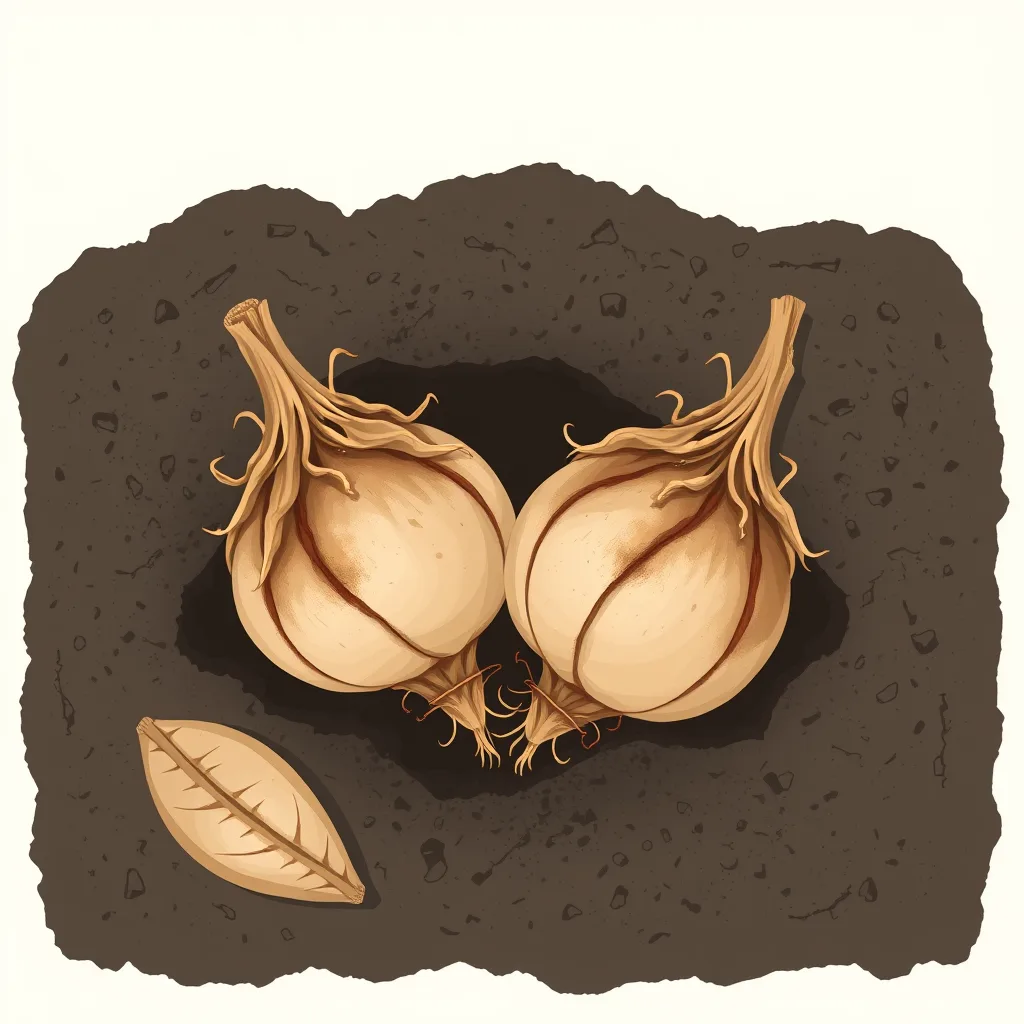 Decorative illustration of two dormant flower bulbs with dry papery skin lying on dark soil