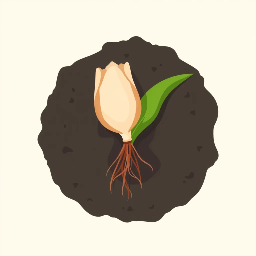 Flat illustration of a single tulip bulb with papery skin and thin roots resting on dark soil beside a shallow planting hole