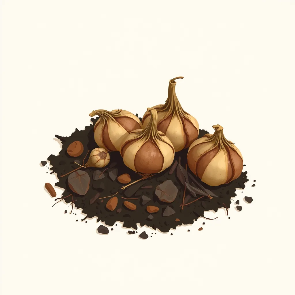 Decorative illustration of dormant flower bulbs with papery skin resting on dark garden soil