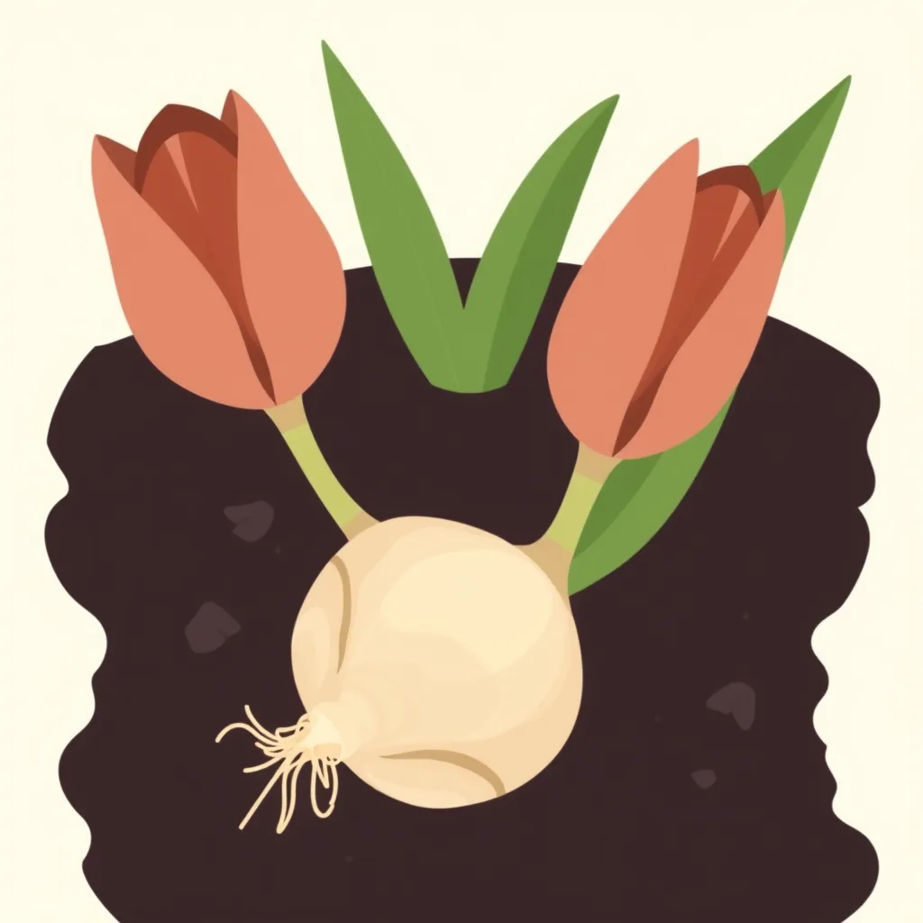 Decorative illustration of a tulip bulb in dark soil with pale roots at its base and two tulip blooms and leaves rising above it