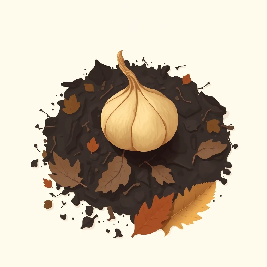 Decorative illustration of a dry flower bulb resting on dark autumn soil scattered with fallen leaves
