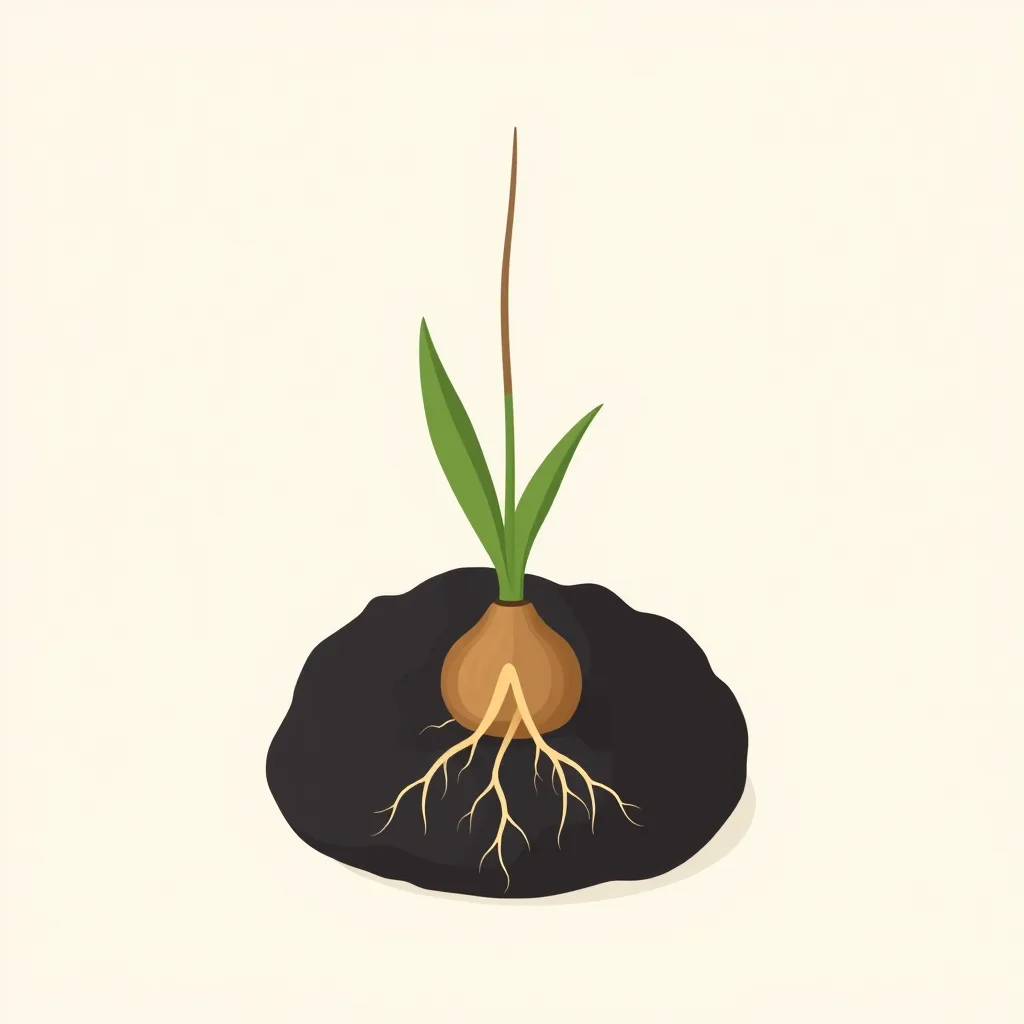 Decorative illustration of a bulb set in dark soil with roots spreading below it and a shoot rising from its tip
