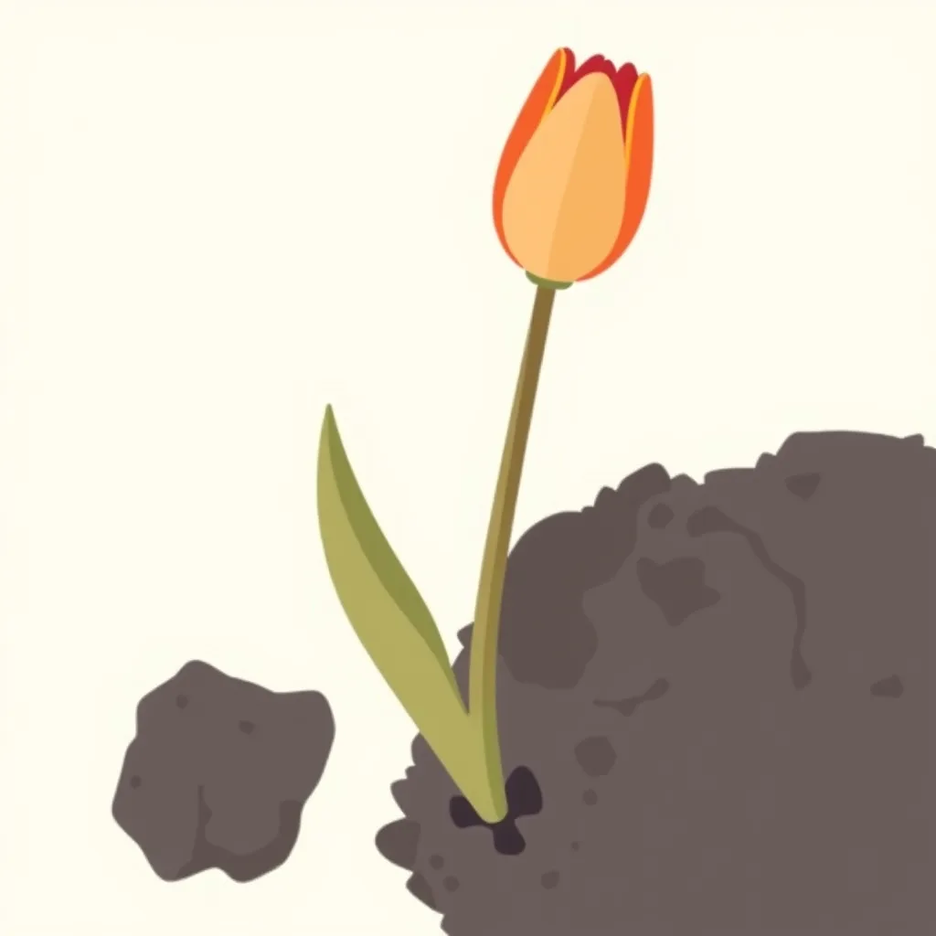 Decorative illustration of a single tulip on a bare stem beside a mound of dark soil